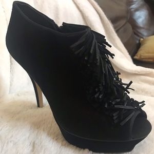 Fringe Suede Leather Open Toe High Heel Booties